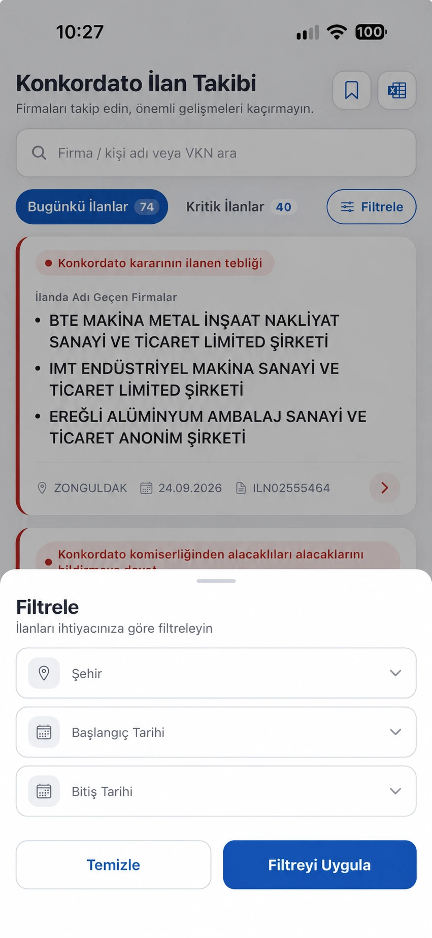 Konkordato İlan Takibi filtreleme ekranı