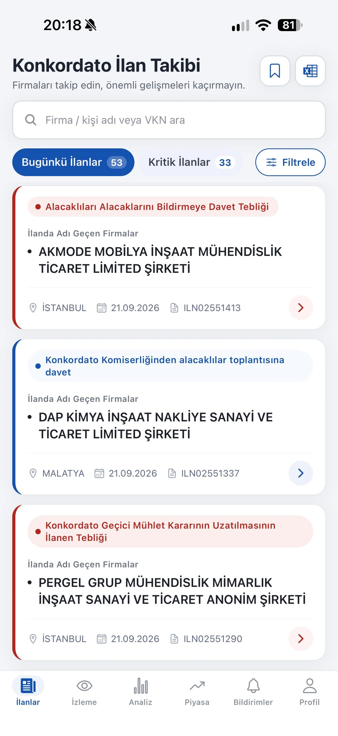 Konkordato İlan Takibi ilan listesi ekranı