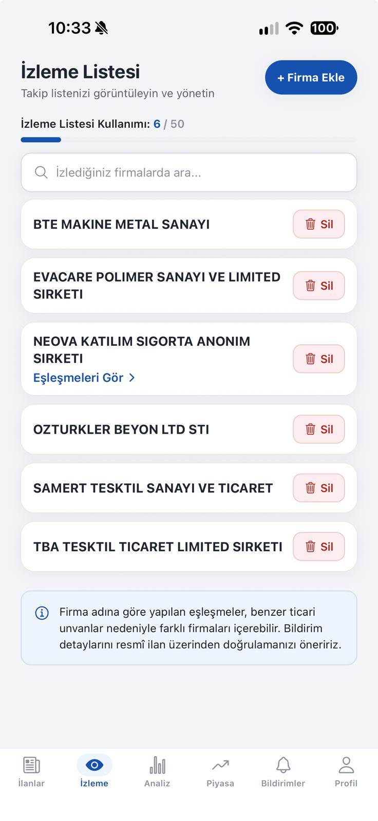 Konkordato İlan Takibi firma izleme ekranı